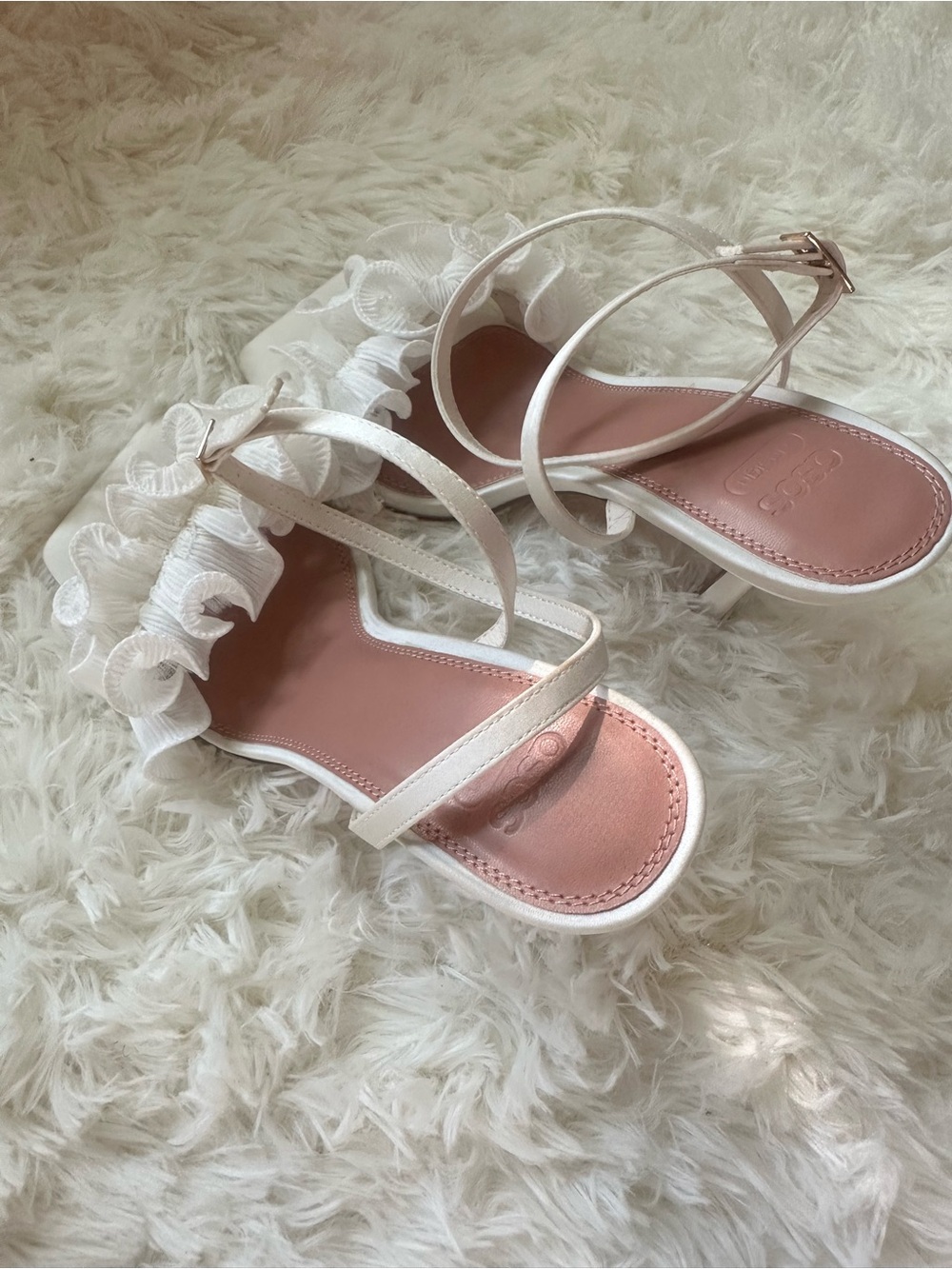 ASOS White Ruffle Strap Sandals with Pink Insole